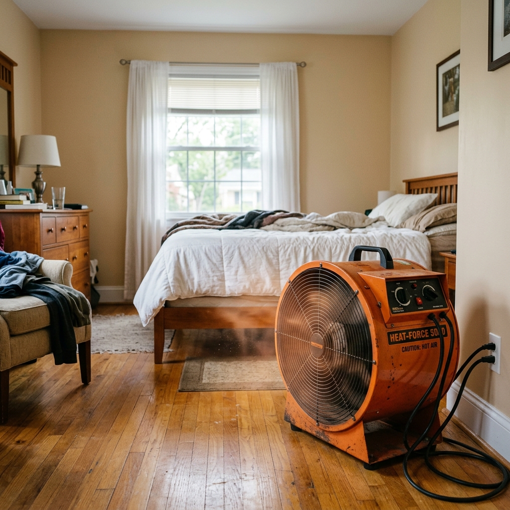 Heavy duty heater fan setup for bedbug thermal treatment in bedroom