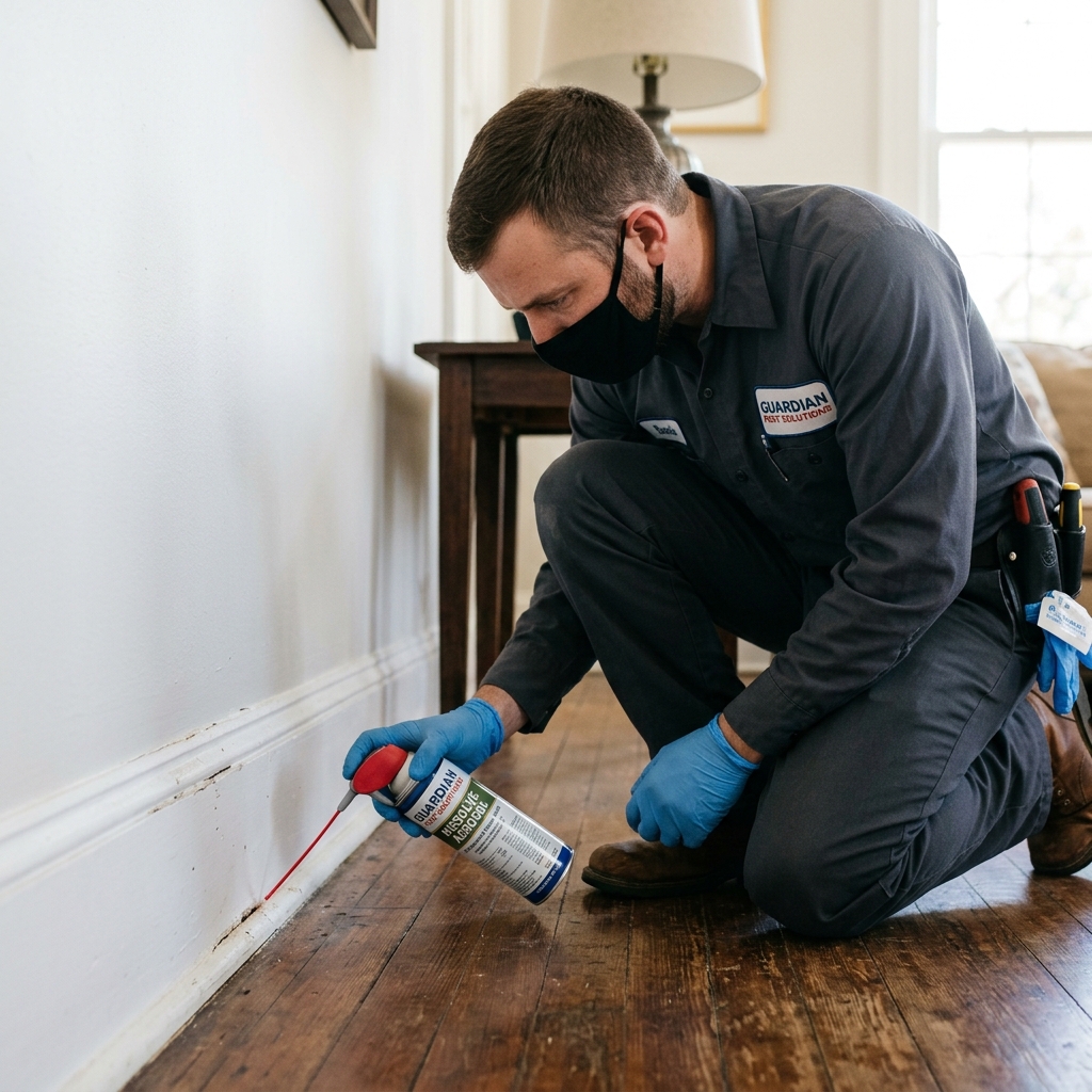 Exterminator injecting treatment into baseboard cracks to kill bedbugs