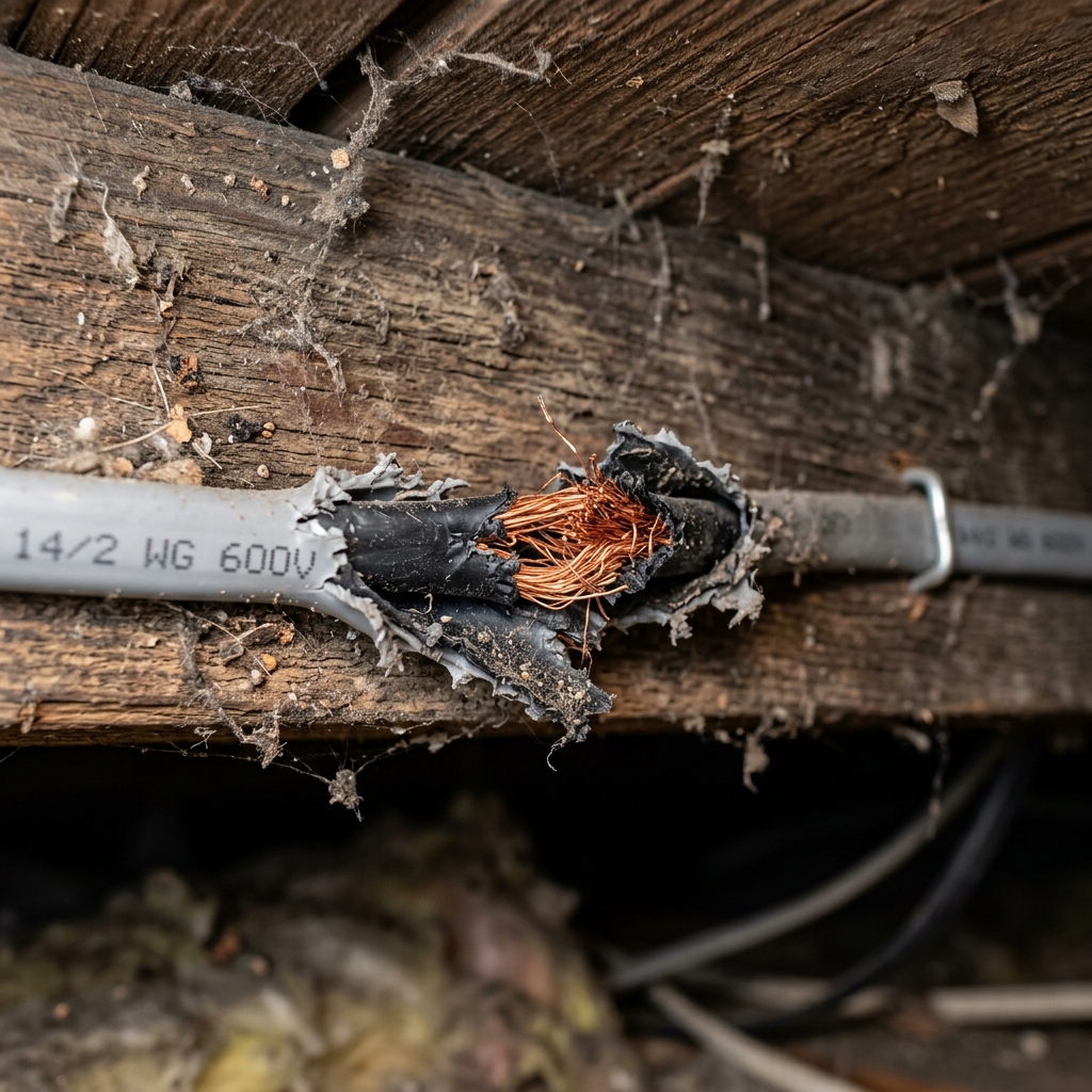 Electrical wire chewed by rodents in attic