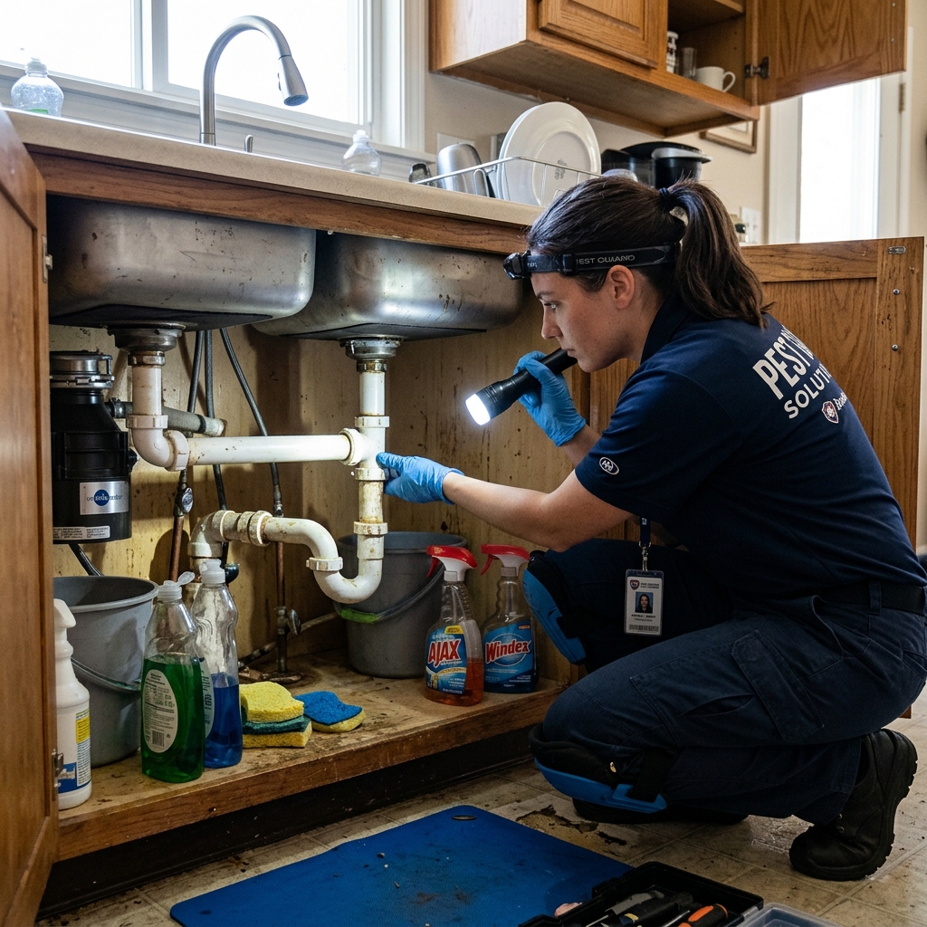 Pest Control Tech inspecting sink plumbing lines