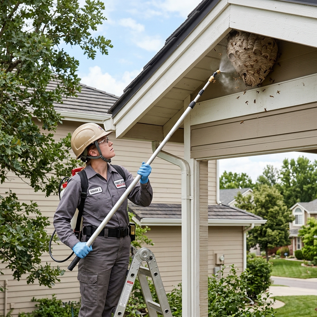 Hornet Nest in Eaves treated with high pole