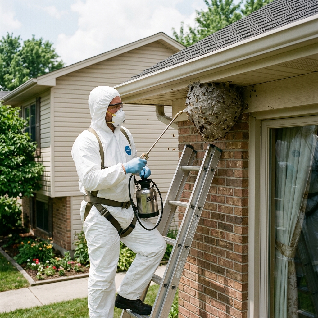Exterminator checking gutters for nests